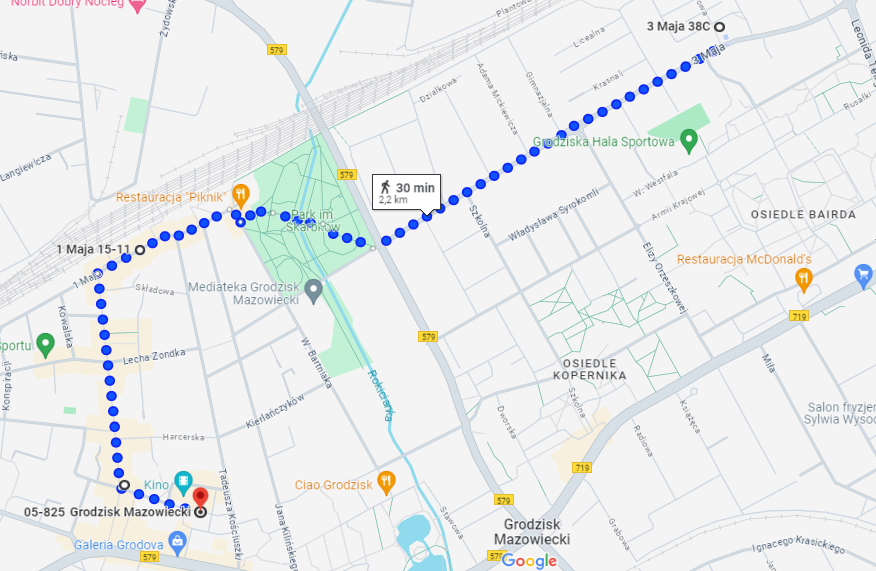 Mapa niebieskiego marszu w Grodzisku Mazowieckim